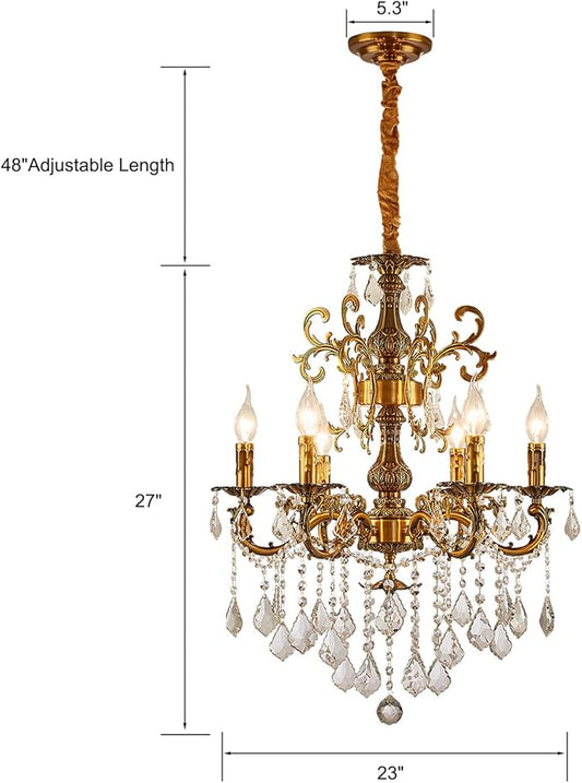 Crystal chandelier ceiling light with gold frame, six candle-style bulbs, and dangling drops