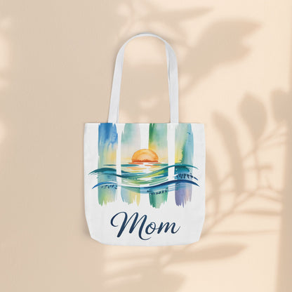 Mom Ocean Sunset Canvas Tote Bag – Watercolour Triptych Design | Polyester Canvas | 3 Sizes × 5 Strap Colours | Gift for Mom