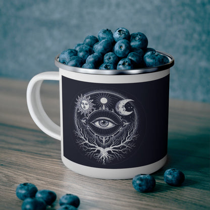 Enamel camping mug in dark navy with white rim and sacred eye illustration