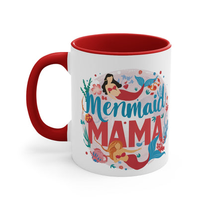 Mermaid Mama Mug – Mother & Daughter Mermaid Illustration | 11oz White Ceramic with Coloured Interior | Pink, Red or Black | Ocean Mum Coffee Tea Gift