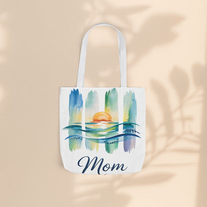 Mom Ocean Sunset Canvas Tote Bag – Watercolour Triptych Design | Polyester Canvas | 3 Sizes × 5 Strap Colours | Gift for Mom