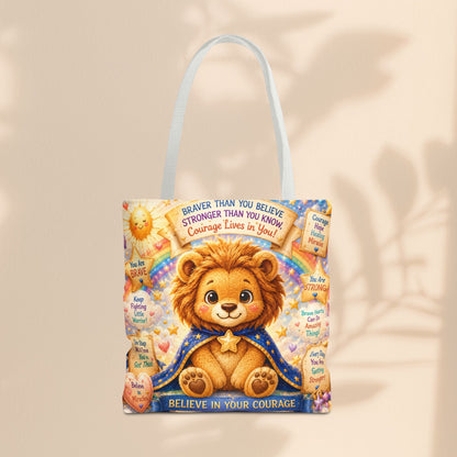 Believe in Your Courage Lion Tote Bag - Cute Leo Lion Kids Encouragement Gift for School, Hospital Visits, and Everyday Adventures