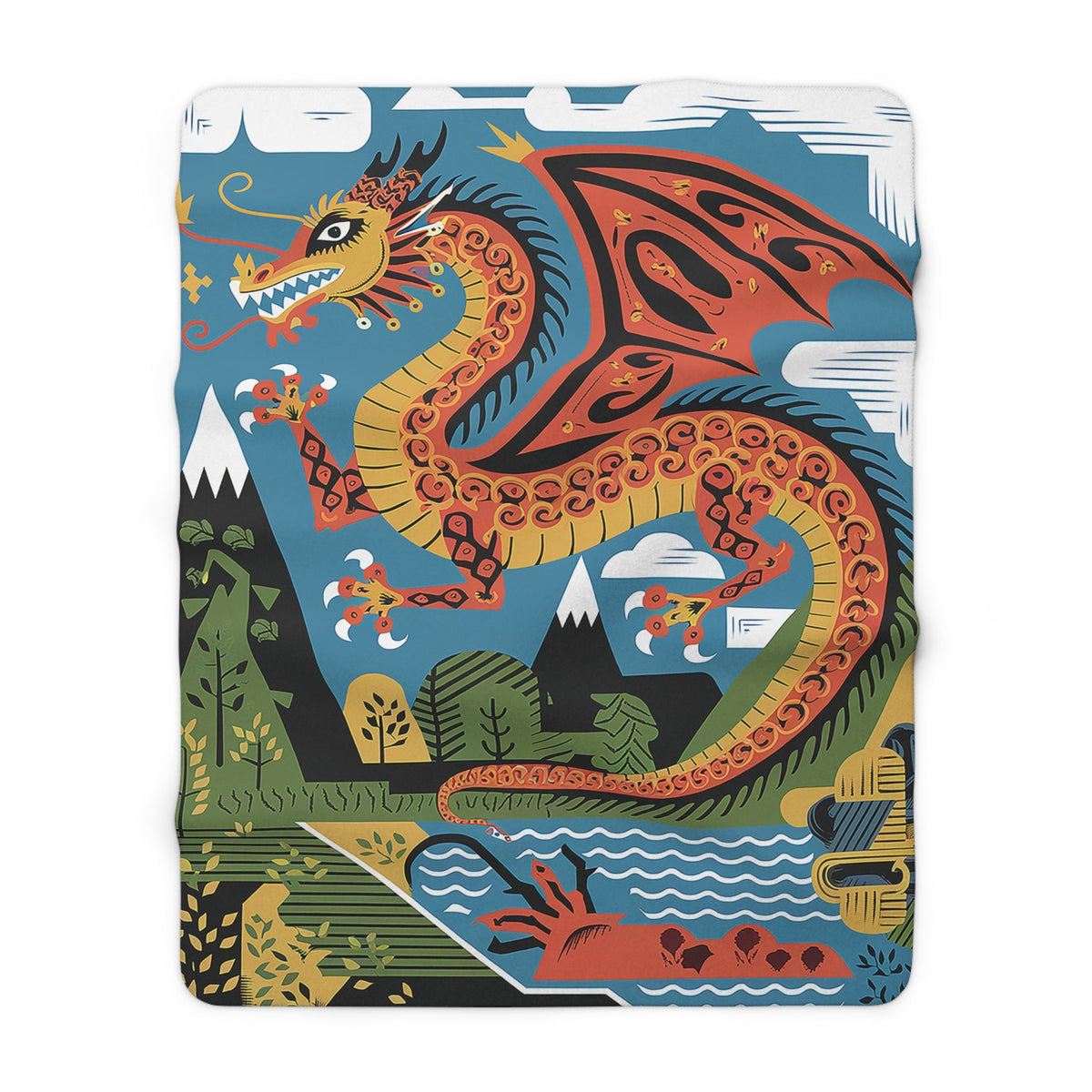 Mexican Dragon Sherpa Fleece Blanket - Folk Art Dragon Throw for Dragon Lovers, 50x60 and 60x80 Plush Sherpa Gift