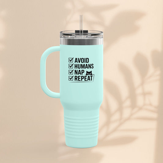 40oz insulated travel mug, mint teal with 'AVOID HUMANS NAP REPEAT' printed on front
