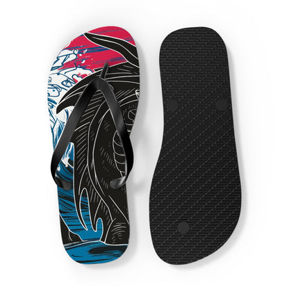 Dragon flip-flops with black textured sole and multicolor dragon artwork on straps