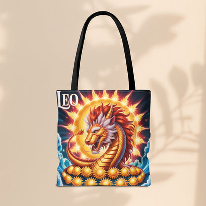 Leo Zodiac Tote Bag – Golden Dragon Sun Celestial Art | 3 Sizes | 5 Handle Colours | Leo Birthday Gift & Astrology Bag