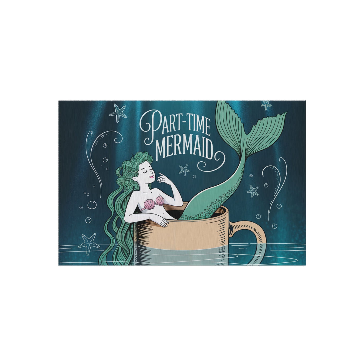 Part-Time Mermaid Outdoor Rug – Whimsical Mermaid in a Coffee Cup Chalk Art | Non-Slip UV-Resistant | 4 Sizes | Beach House Patio Coastal Decor