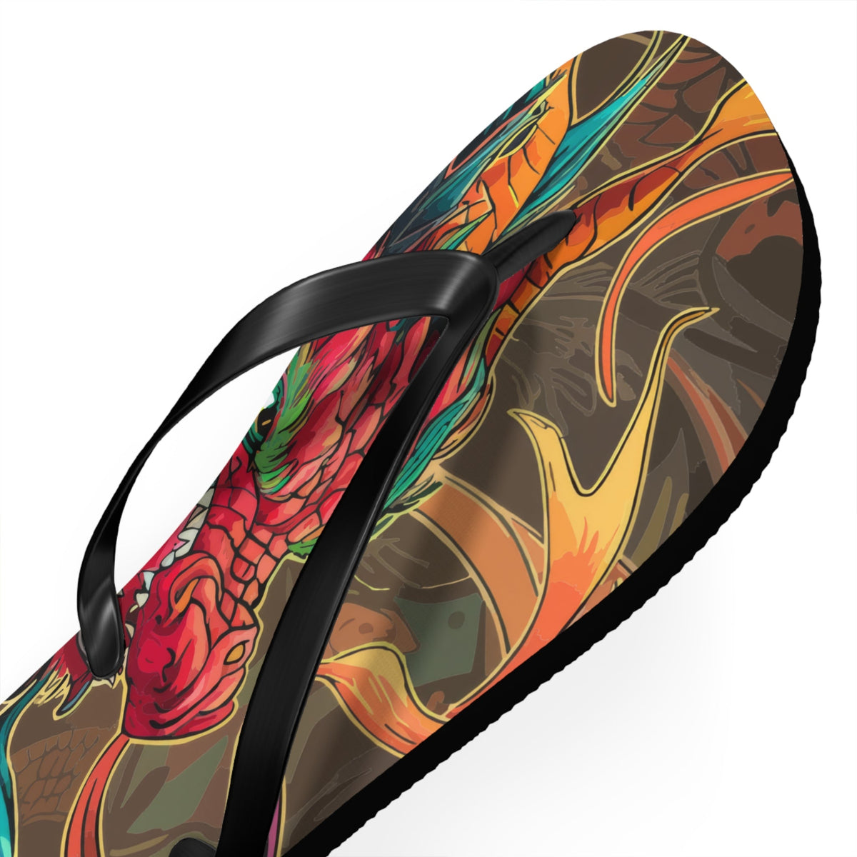 Dragon graphic flip-flop sandal with black thong strap and patterned footbed
