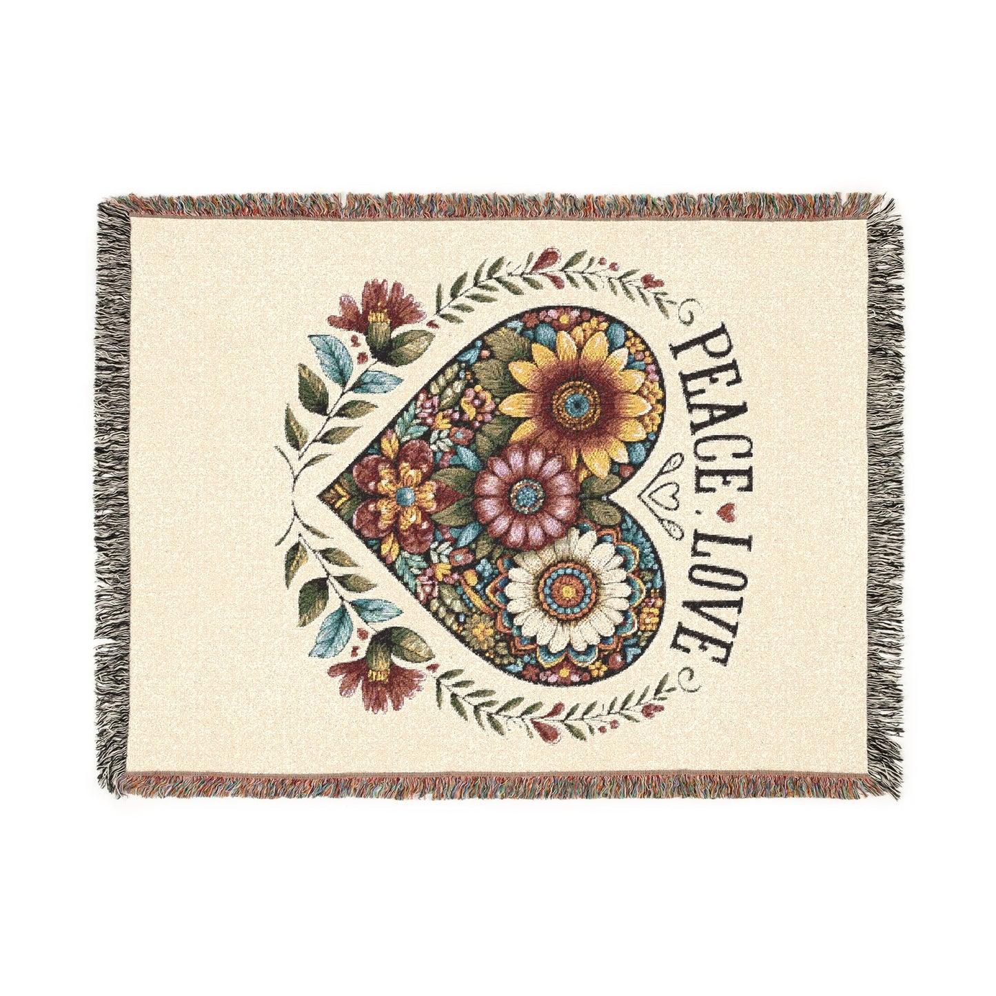 Peace Love Floral Heart Woven Tapestry Throw – Boho Botanical Sunflower & Wildflower Cotton Blanket | Fringe Edges | 3 Sizes | Cottagecore Home Decor Gift