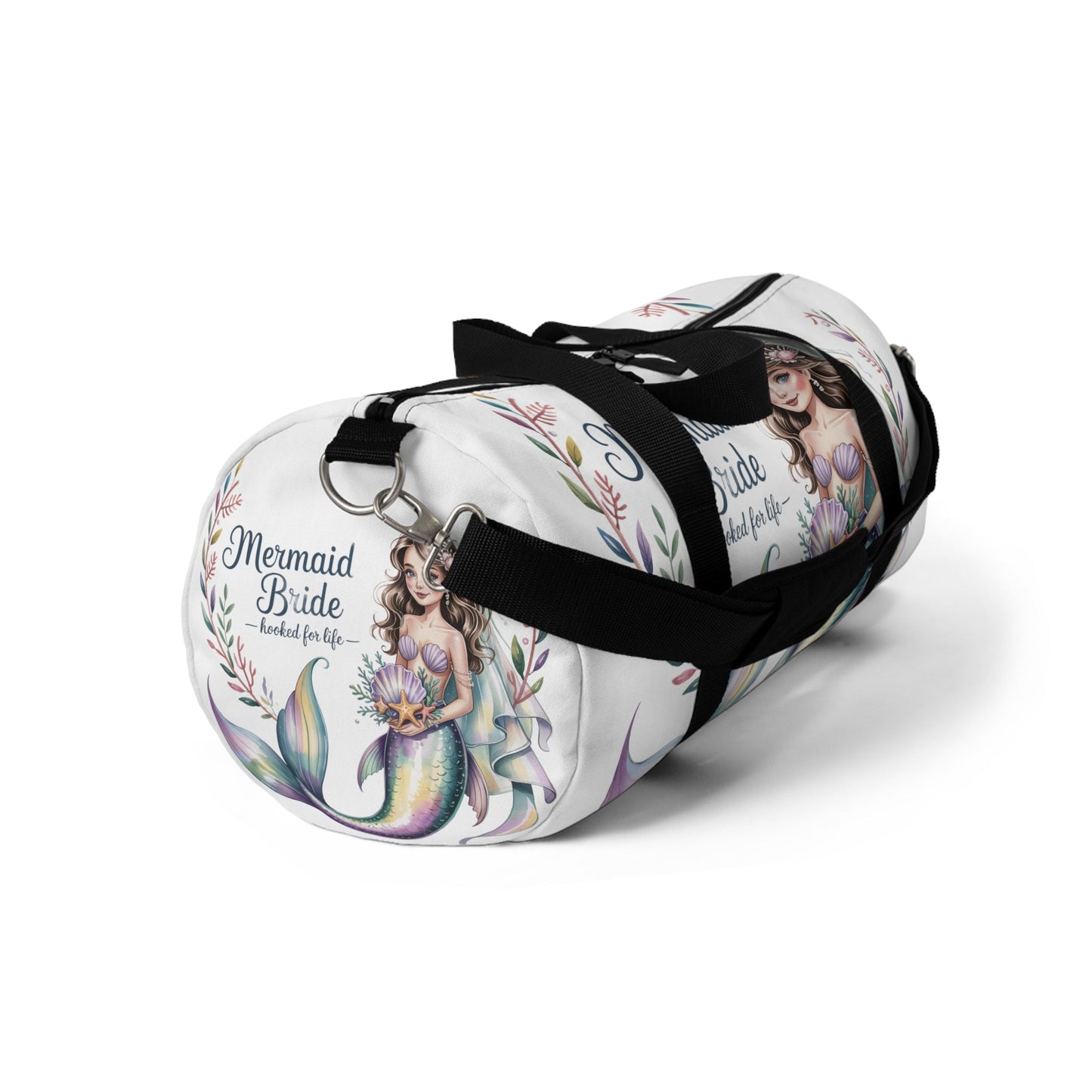 Mermaid Bride Duffel Bag – ‘Hooked for Life’ Watercolour Mermaid Bride Design | Small or Large | Bachelorette Bridal Shower Beach Wedding Honeymoon Gift