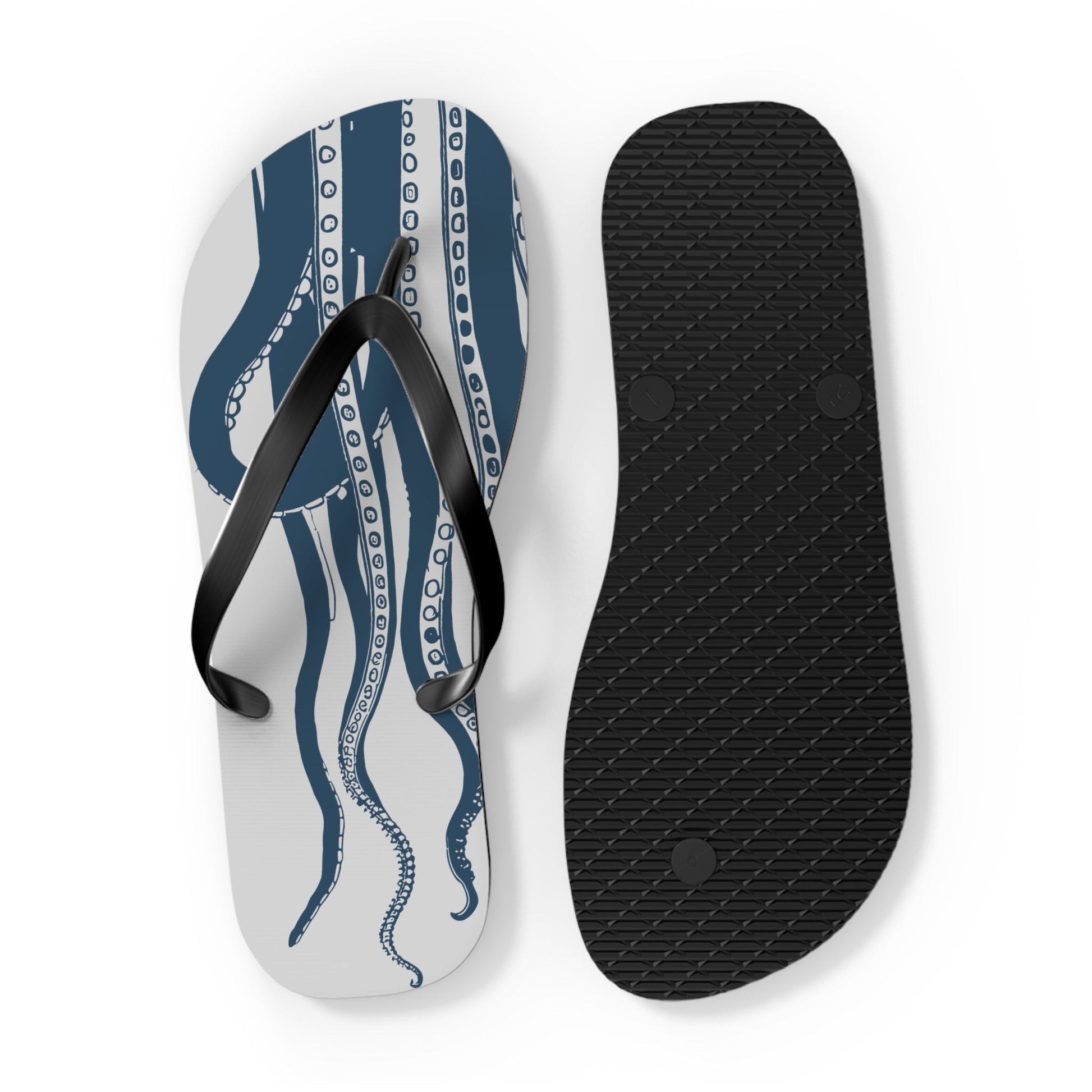 Octopus print flip-flops with black thong strap and visible black textured sole