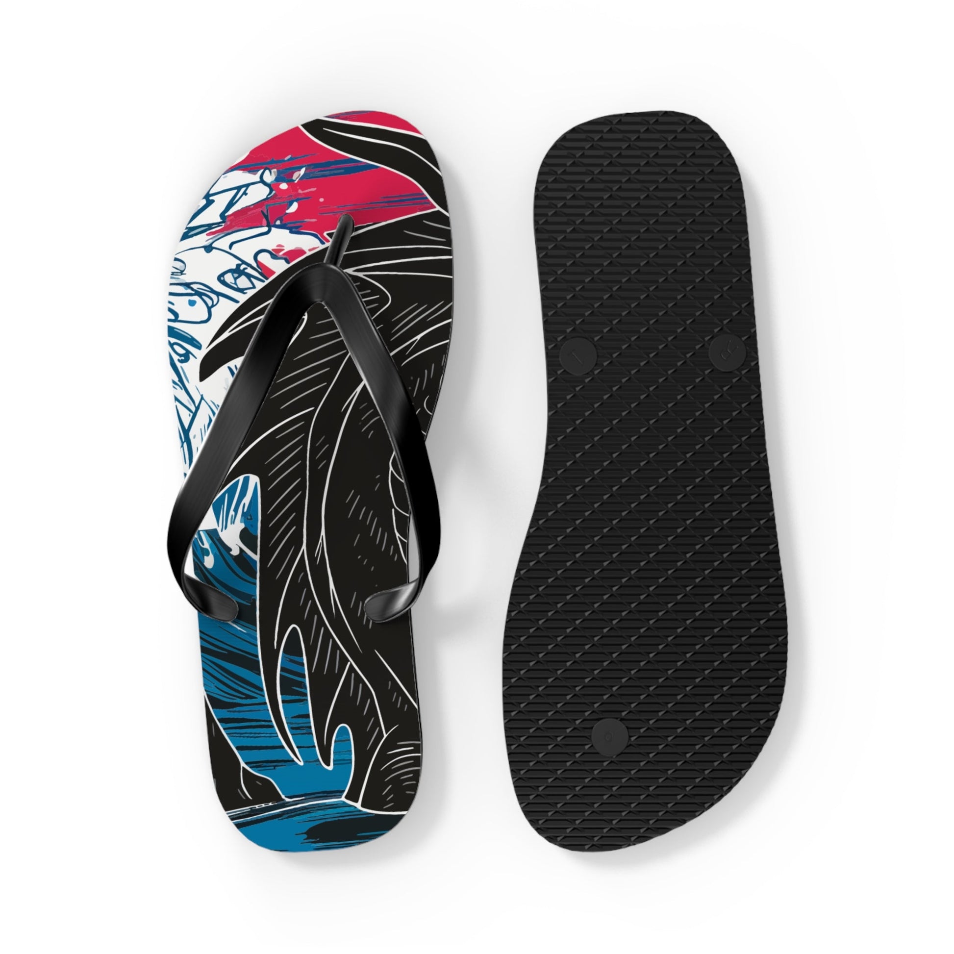 Dragon flip-flops with black textured sole, black thong strap, multicolor upper
