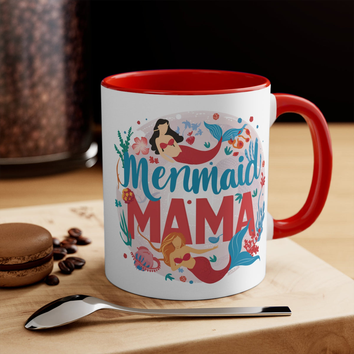 Mermaid Mama Mug – Mother & Daughter Mermaid Illustration | 11oz White Ceramic with Coloured Interior | Pink, Red or Black | Ocean Mum Coffee Tea Gift