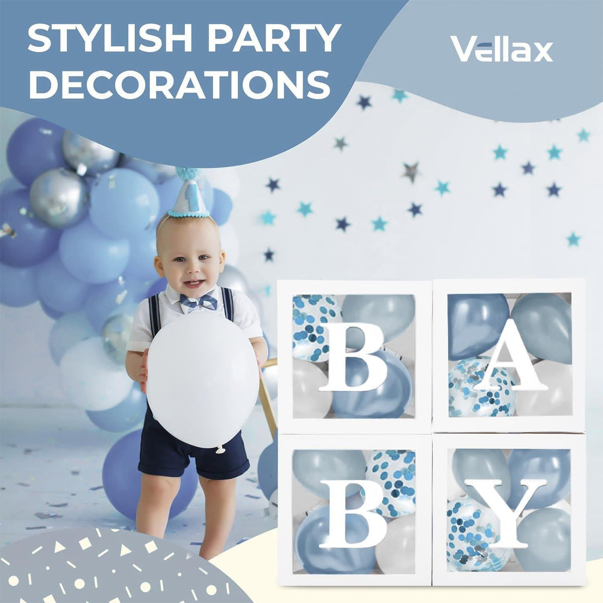 Baby shower cube letter backdrop with white frames and blue balloon decor