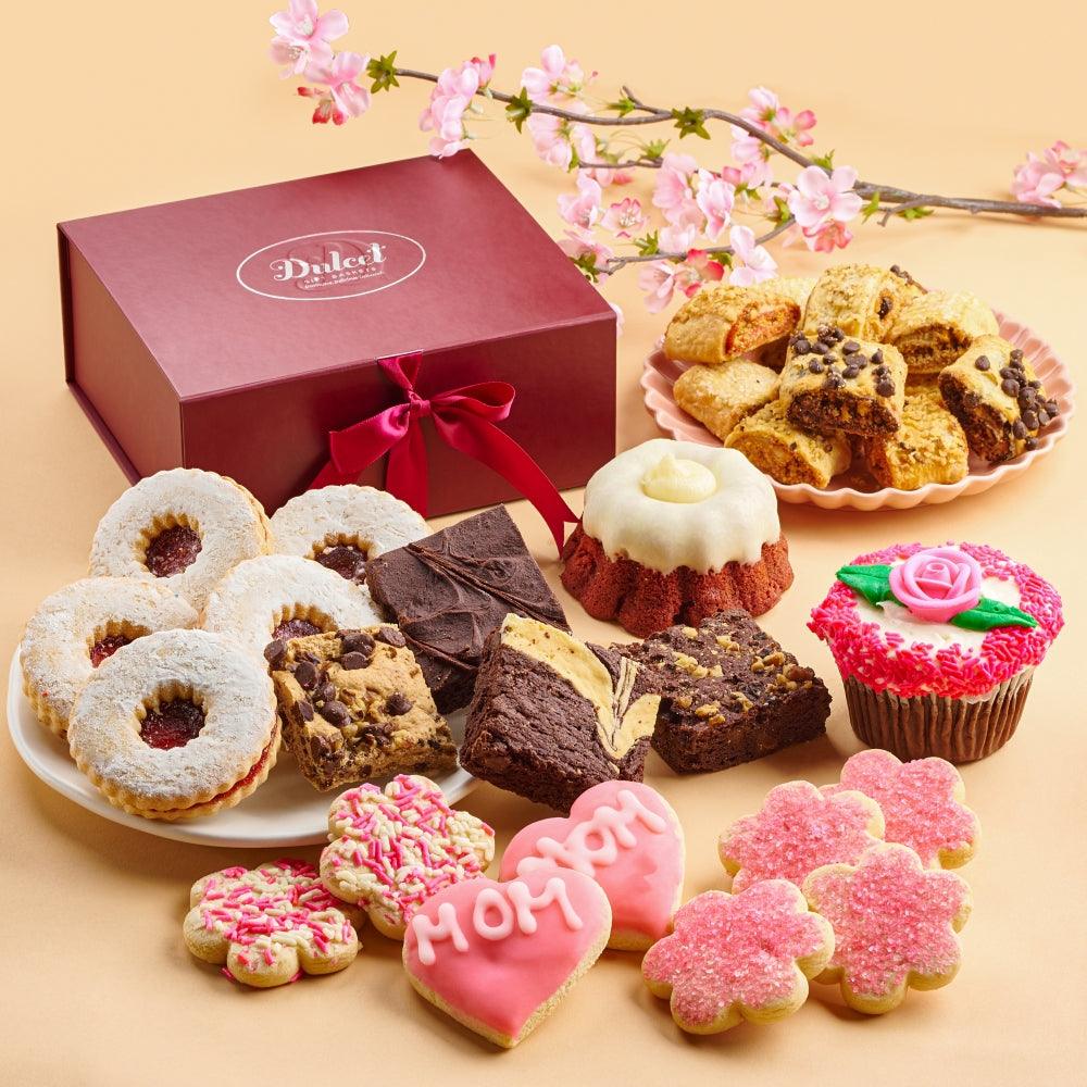 Deluxe Mother’s Day gift box with bow, assorted cookies, brownies, and cupcakes