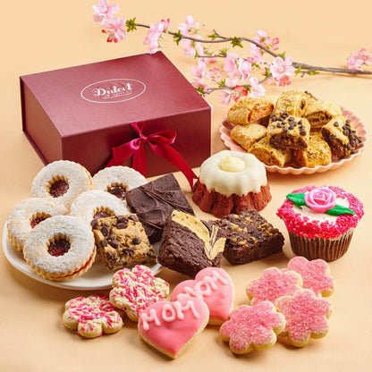 Deluxe Mother’s Day gift box with bow, assorted cookies, brownies, and cupcakes
