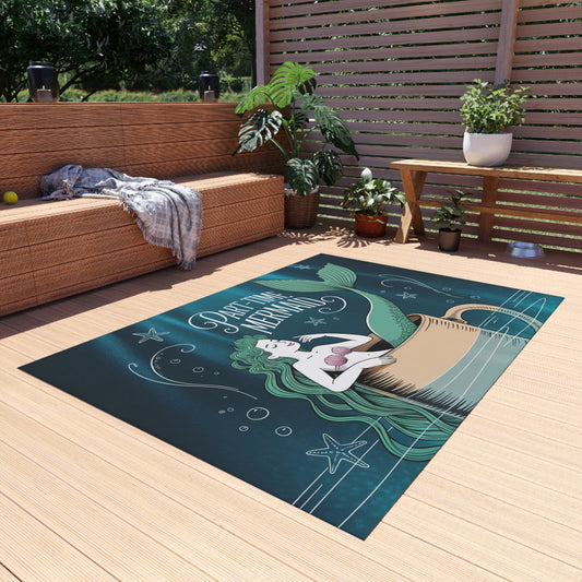 Part-Time Mermaid Outdoor Rug – Whimsical Mermaid in a Coffee Cup Chalk Art | Non-Slip UV-Resistant | 4 Sizes | Beach House Patio Coastal Decor