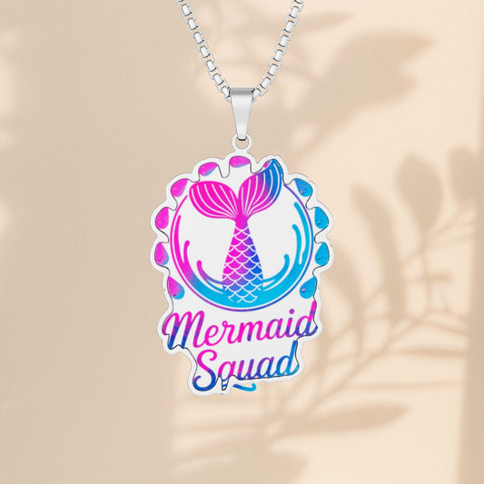 Mermaid Squad Pendant Necklace – Best Friend & Bestie Gift | Hot Pink & Ocean Blue Mermaid Tail | Stainless Steel, Gold Plated or Sterling Silver | 18" Chain