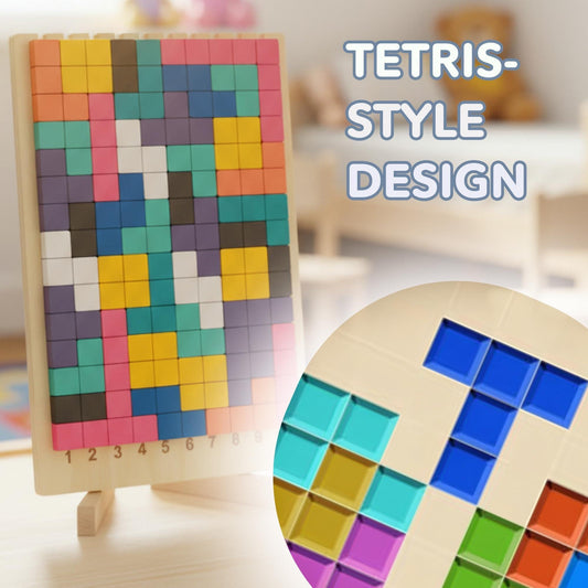 Wooden Tetris-style puzzle board with multicolor tiles and loose block pieces.