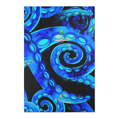 Bioluminescent Octopus Tentacle Area Rug – Electric Blue & Black Deep Sea Art | Non-Slip Backing | 6 Sizes | Fantasy Ocean Home Decor