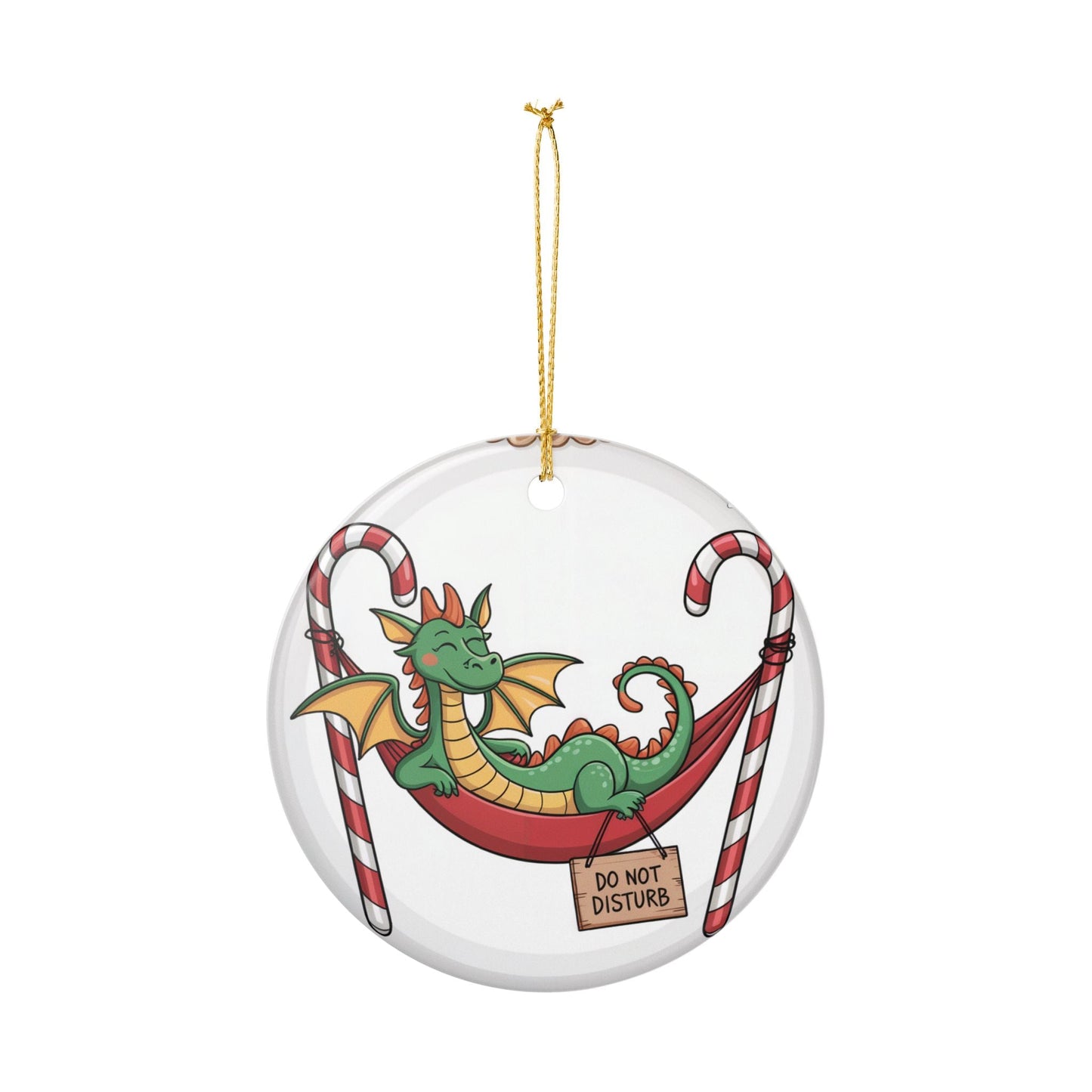 Do Not Disturb Dragon Christmas Ornament - Funny Dragon Napping in Candy Cane Hammock Ceramic Keepsake Gift for Dragon Lovers