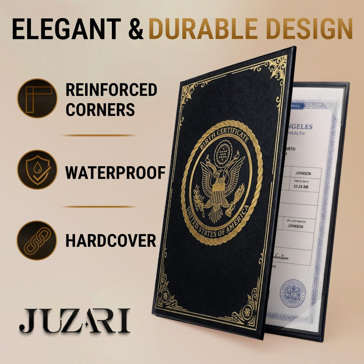 Black faux leather birth certificate holder with gold foil embossed medallion