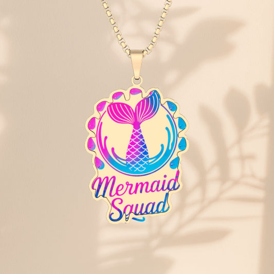 Mermaid Squad Pendant Necklace – Best Friend & Bestie Gift | Hot Pink & Ocean Blue Mermaid Tail | Stainless Steel, Gold Plated or Sterling Silver | 18" Chain