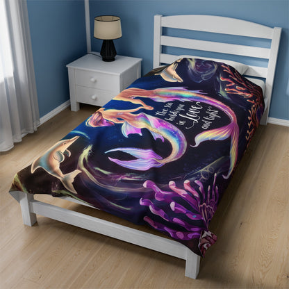 Mermaid Love Velveteen Plush Blanket – Romantic Mermaid Couple with Dolphins ‘The Sea Holds You in Love and Light’ | 3 Sizes | Ocean Fantasy Art Throw