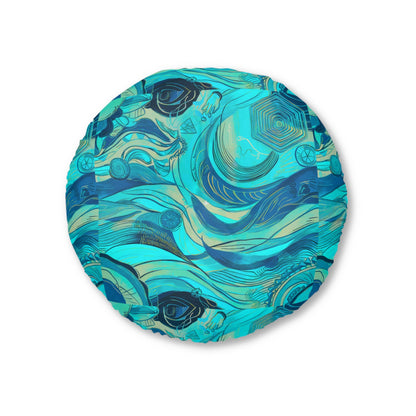 Round Ocean Waves Floor Pillow - Tufted Surrealist Ocean Art Cushion for Coastal Boho Home Decor, 26 and 30 Inch