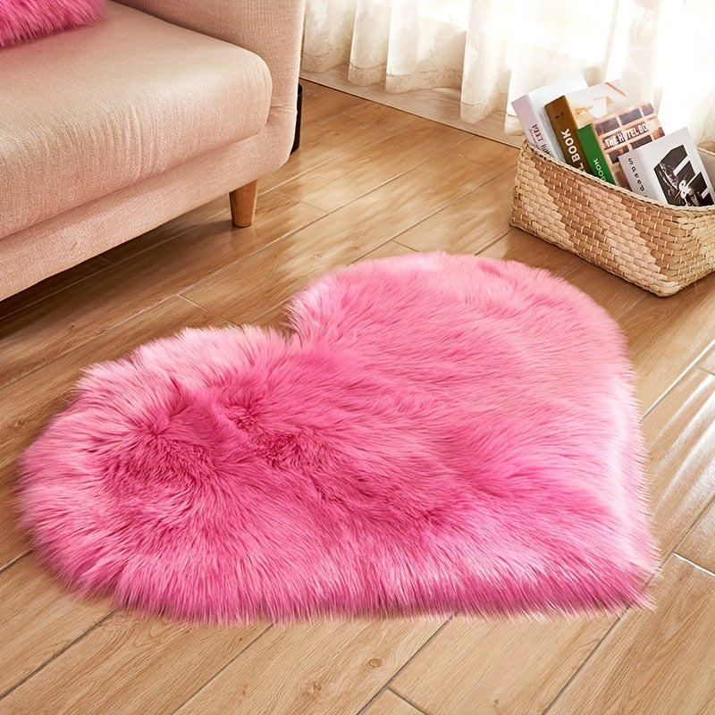Rose pink heart-shaped plush area rug with thick soft faux fur