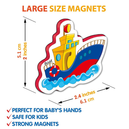 Large foam boat magnet with red and blue hull, size diagram for kids
