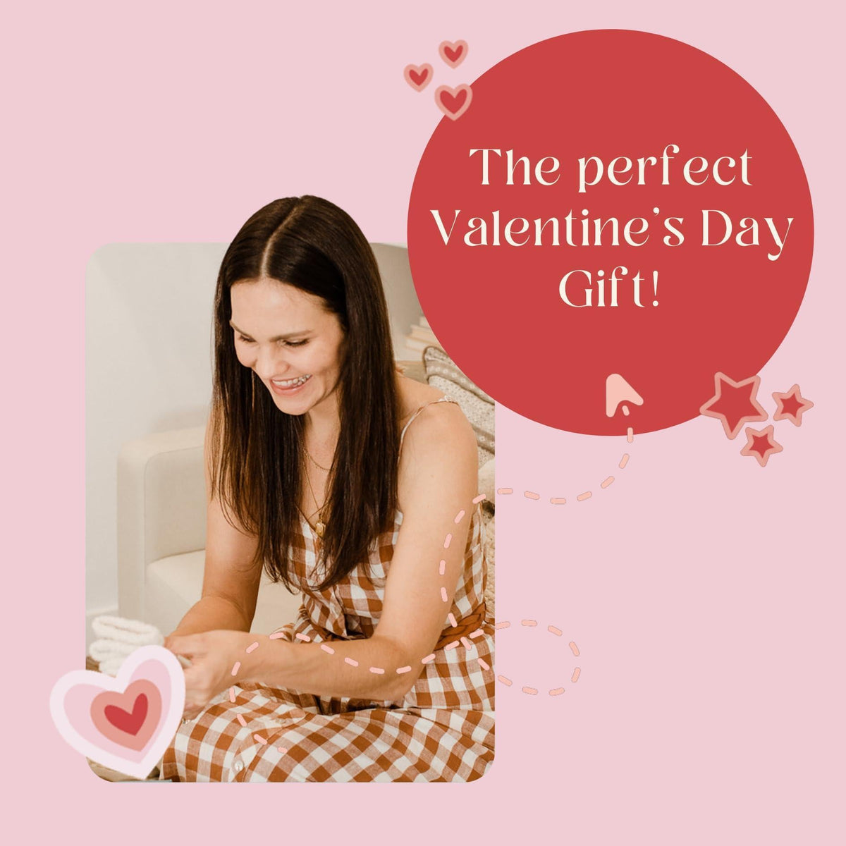 Gift photo with smiling person beside a white ceramic mug featuring rainbow hug design