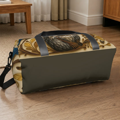Rectangular duffel bag with raccoon-and-leaf print and wide black strap across top
