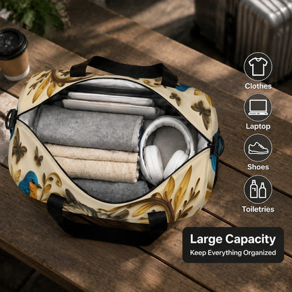 Open duffel bag with raccoon print showing folded clothes and headphones inside