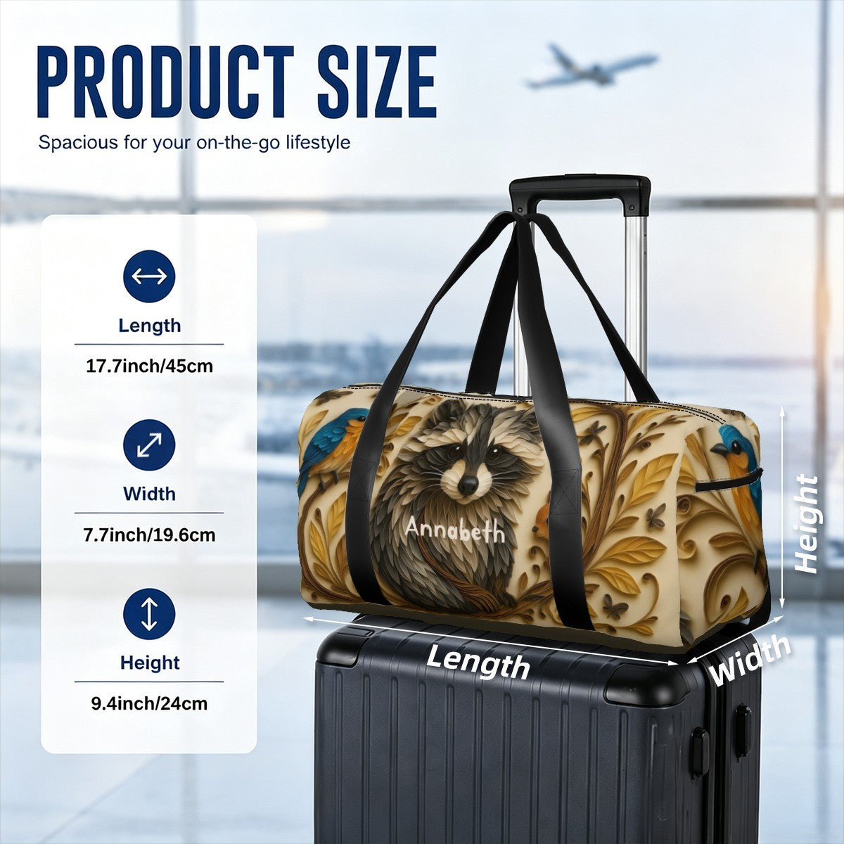 Raccoon print travel duffel bag with black straps placed on a rolling suitcase