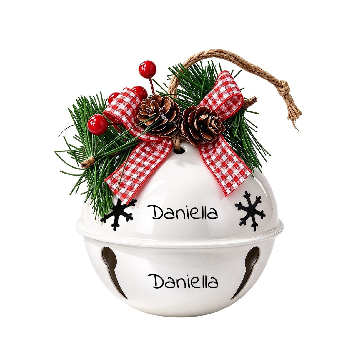 White holiday jingle bell ornament with red plaid bow, pine, pinecones, and berries