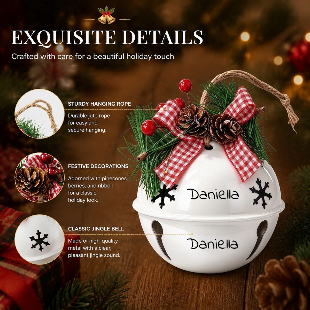 White holiday jingle bell ornament with red plaid bow, pine, and pinecones; Daniella text