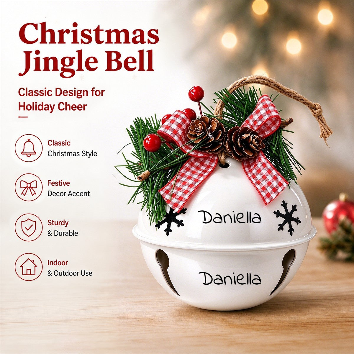 White holiday jingle bell ornament with red plaid bow, pine, pinecones, and ribbon loops