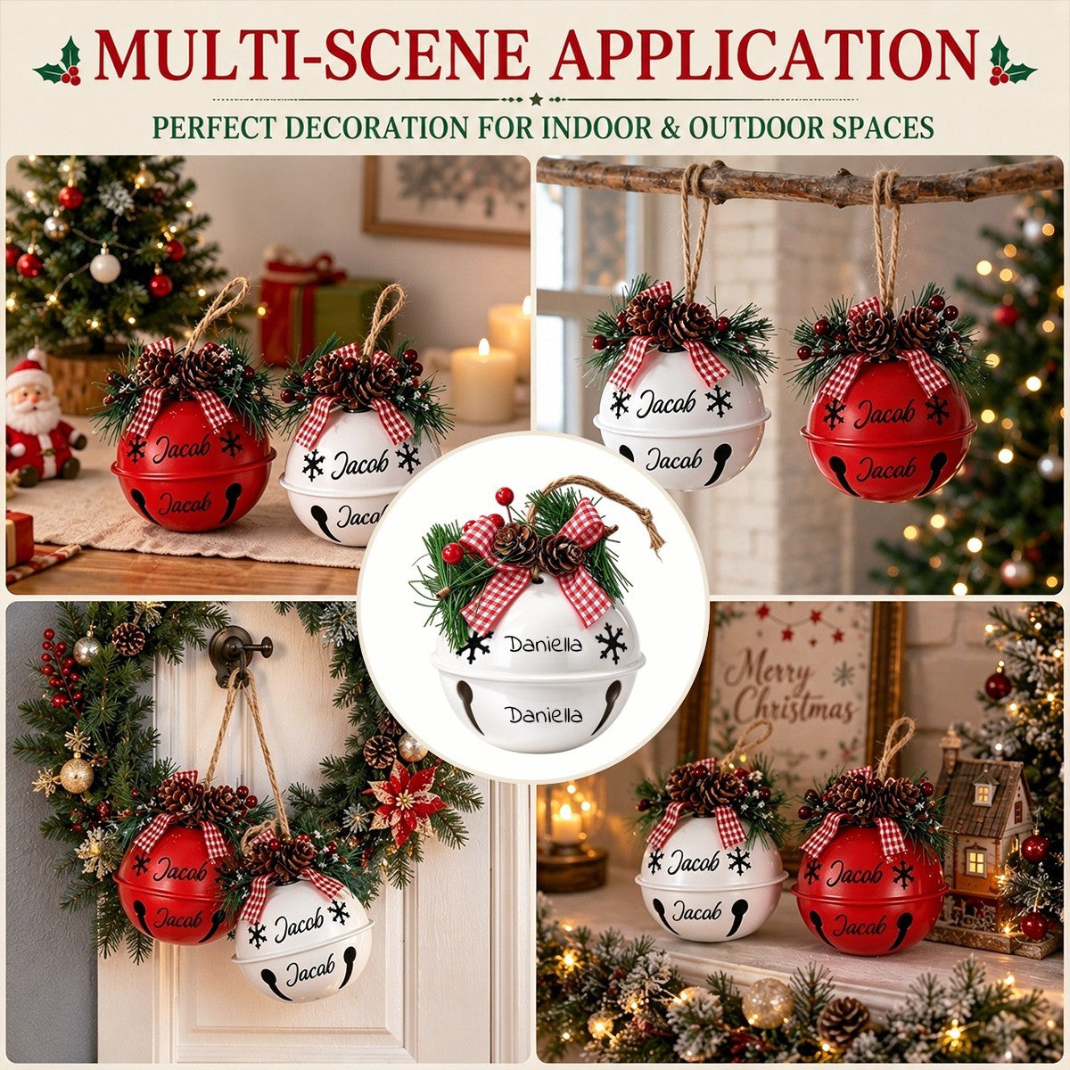 White holiday jingle bell ornament centerpiece with red plaid bows and pinecone decorations