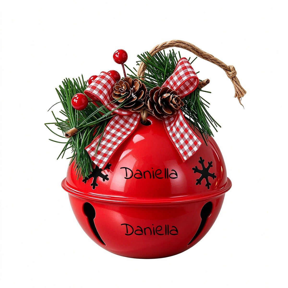 Red holiday jingle bell ornament with red plaid bow, pine, pinecones, and Daniella text