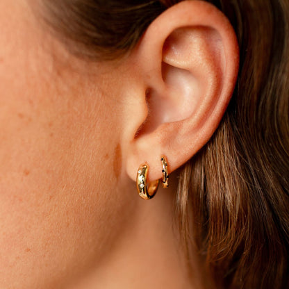 Charli gold vermeil polka dot hoop earrings with clear cubic zirconia, shown worn