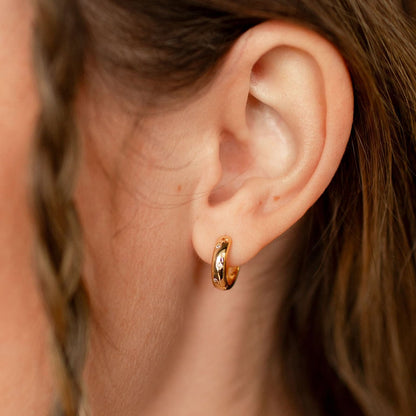 Charli gold vermeil hoop earring with raised polka dots and clear cubic zirconia, worn alone