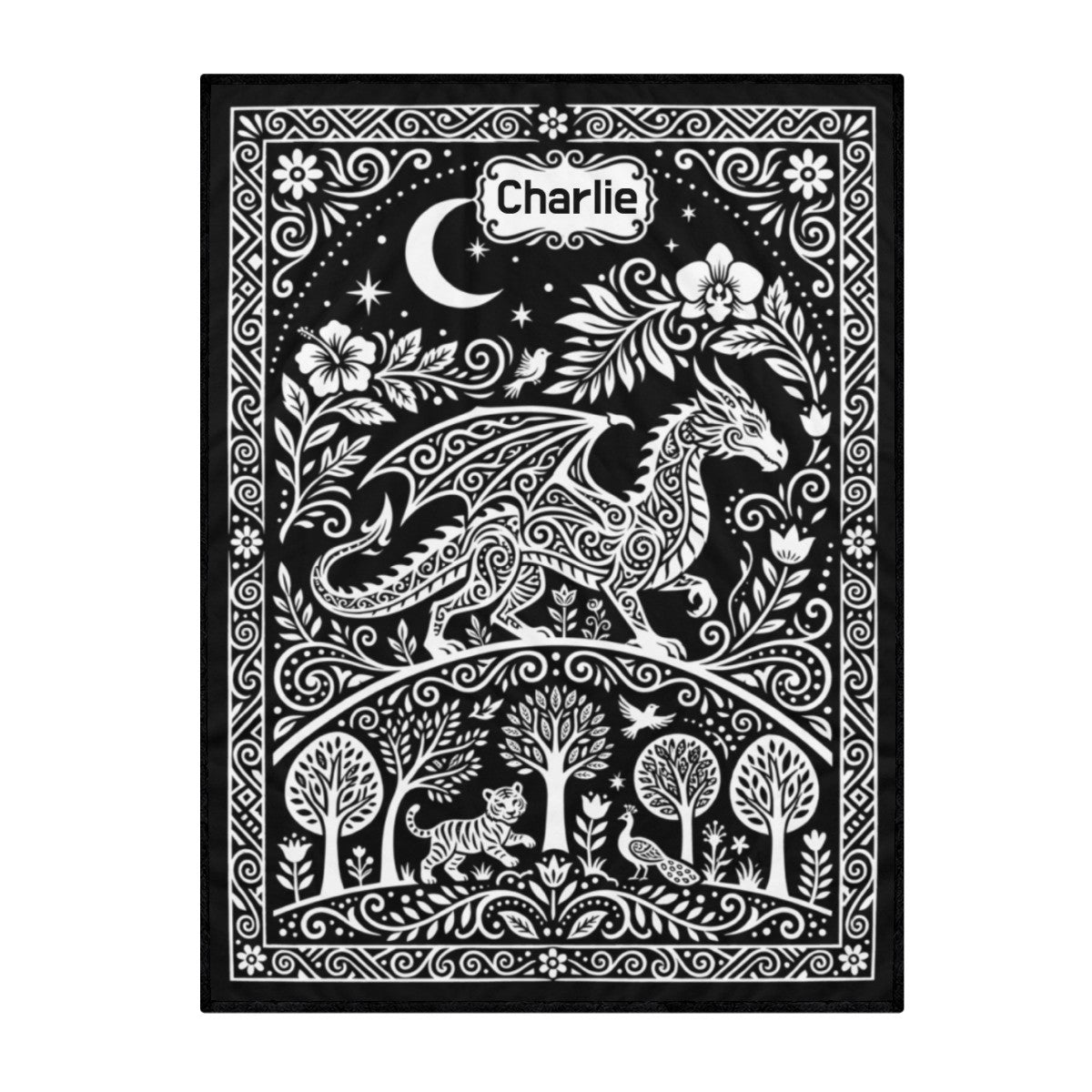 Personalized dragon coloring blanket, black with white fantasy dragon and floral doodles