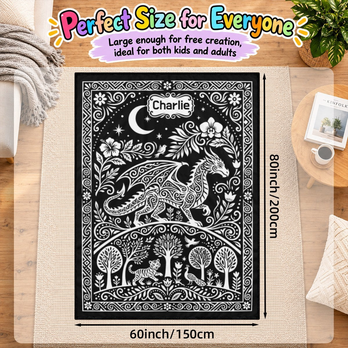 Personalized dragon coloring blanket with black background and white pattern, name Charlie