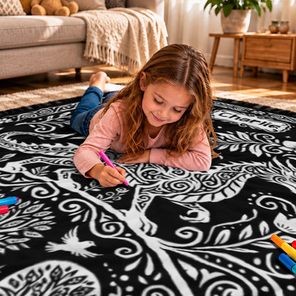 Dragon doodle coloring blanket, black and white pattern, child drawing with fabric marker