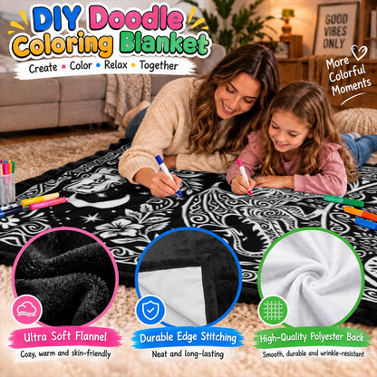 DIY dragon doodle coloring blanket, black with white pattern, family coloring with markers