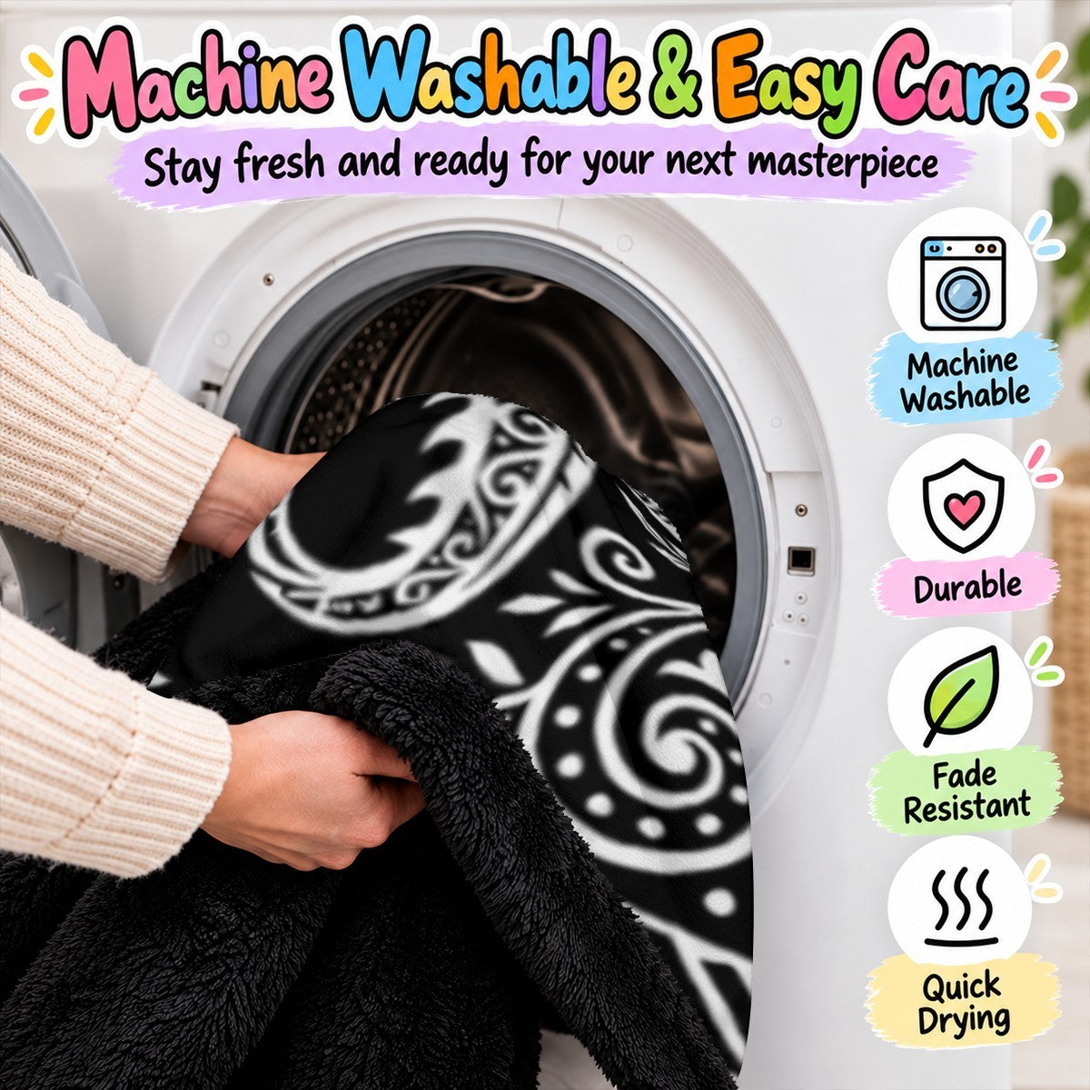 Black-and-white doodle coloring blanket being placed into a washing machine for cleaning
