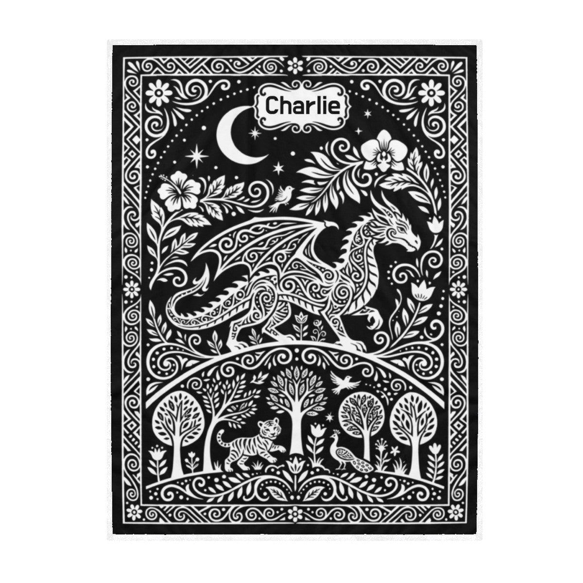 Personalized dragon coloring blanket, black with white dragon, moon and stars, name Charlie