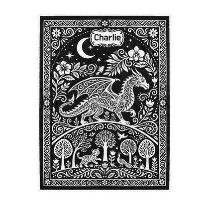 Personalized dragon coloring blanket, black with white dragon, moon and stars, name Charlie