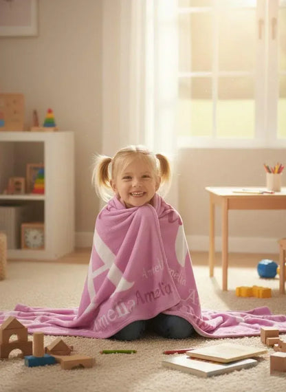 Your Letter and Name - Personalized Name Blanket: Pink & White Flannel Fleece Throw - Dream Dragons